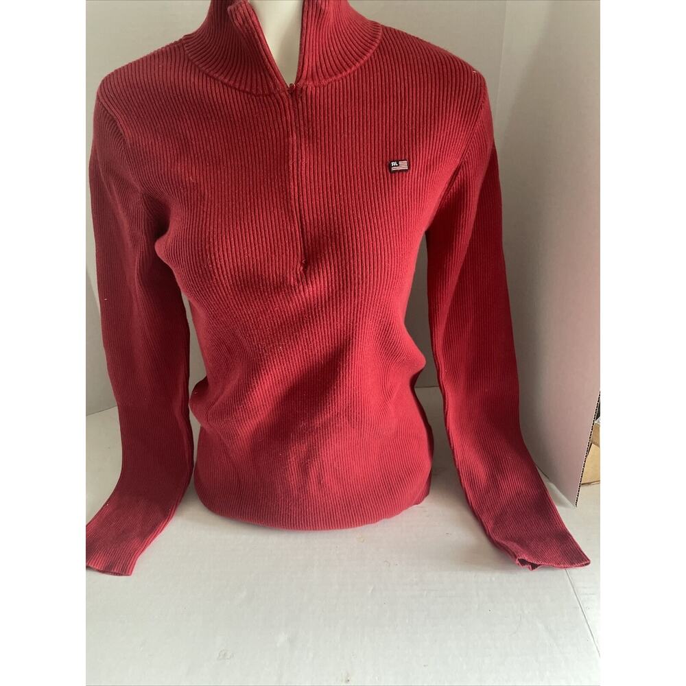 RALPH LAUREN Polo Jeans Co Flag Logo RED Knit Sweater 1/4 Zip Pullover‎ Sz L/G B